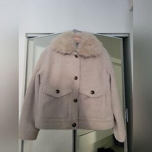 H&M Cream Teddy Jacket with Faux Fur Collar